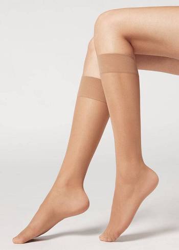 Calzedonia 20 Denier Konfor Cuff Knee-Highs Sheer Çorap Kadın Bej Rengi | TR1890XF