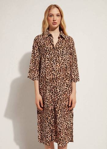 Calzedonia Animal Patterned Midi Shirt Cover Ups Kadın Kahverengi | TR2124XF