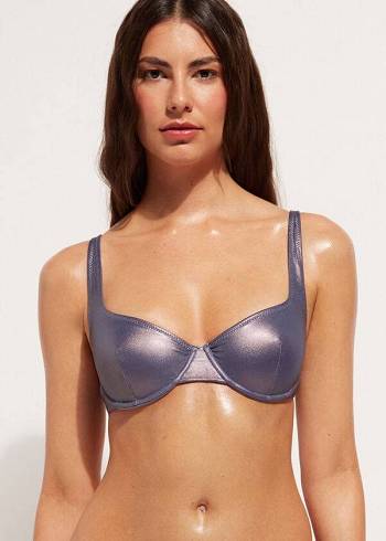 Calzedonia Coated-Effect Balconette Daytona Bikini Üstleri Kadın Mavi | TR2491JJ