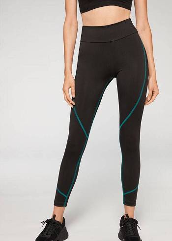 Calzedonia Contrast Seam Performance Atletik Tayt Kadın Siyah Yeşil | TR1555BC