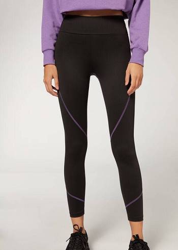 Calzedonia Contrast Seam Performance Atletik Tayt Kadın Siyah Mor | TR1556NB