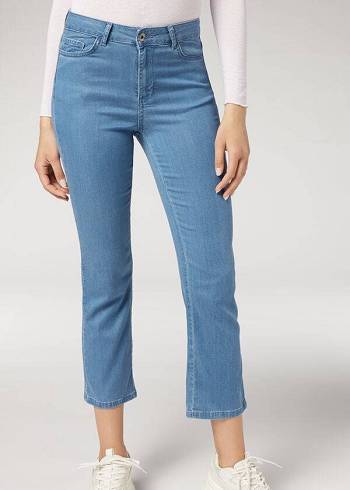 Calzedonia Eco Light Flared Cropped Denim Kot Pantolon Kadın Mavi | TR1621SO