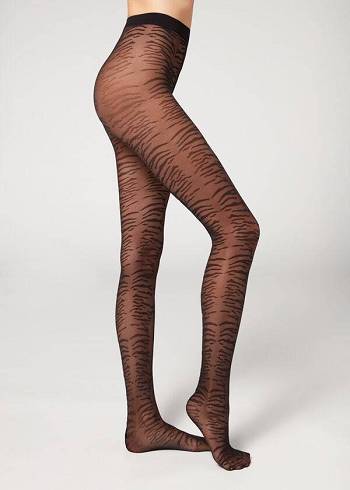 Calzedonia Flocked Tiger Text 50 Denier Patterned Tayt Kadın Siyah | TR3094GL