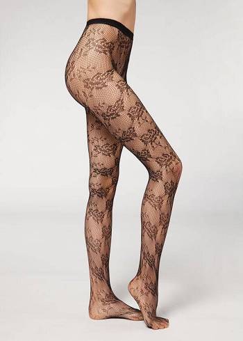 Calzedonia Floral Dantel-Motif Fishnet Patterned Tayt Kadın Siyah | TR3092JJ