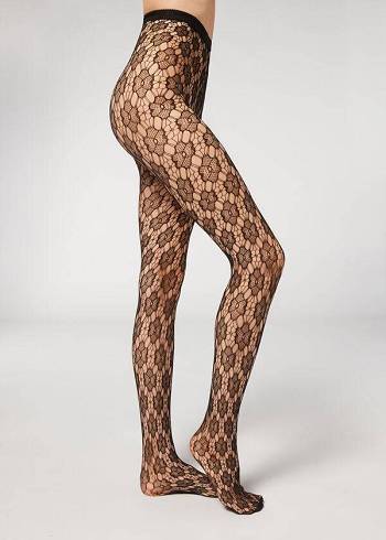 Calzedonia Floral-Motif Fishnet Patterned Tayt Kadın Siyah | TR3090LH