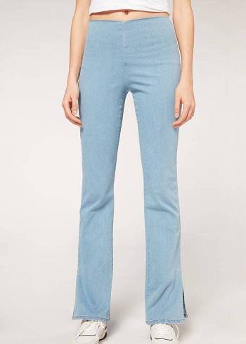 Calzedonia High-Belli Flared in Denim with Slits Kot Pantolon Kadın Mavi | TR1592OR