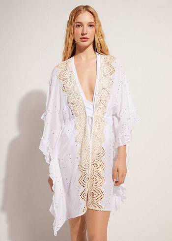 Calzedonia Kimono Caftan with Sangallo Dantel and Sequins Cover Ups Kadın Beyaz | TR2106EX