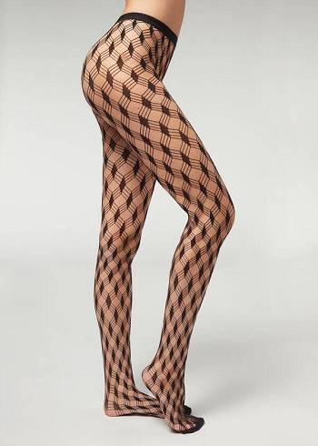 Calzedonia Maxi Diamonds Mesh Eco Patterned Tayt Kadın Siyah | TR3074OR