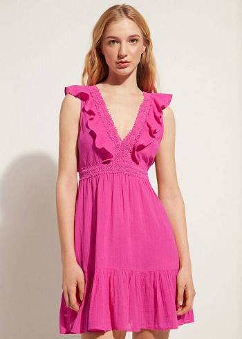 Calzedonia Mini Elbise with Ruffle and Passementerie Cover Ups Kadın Pembe | TR2083YU