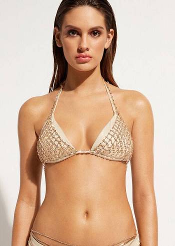 Calzedonia Rhinestone Triangle String Luxor Bikini Üstleri Kadın Altın | TR2233MA