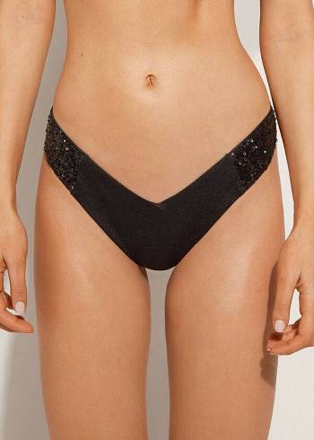 Calzedonia Sequined High-Cut Brazilian Cannes Cheeky Bikini Altları Kadın Siyah | TR2646AP