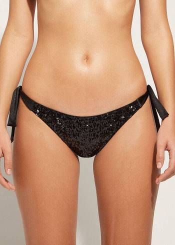 Calzedonia Sequined Side-Tie Cannes Bikini Altları Kadın Siyah | TR2642GL