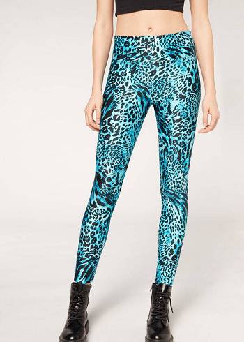 Calzedonia Shiny Animal-Print Atletik Tayt Kadın Turkuaz | TR1510TV