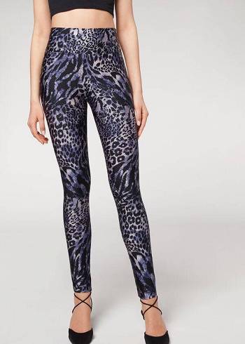 Calzedonia Shiny Animal-Print Atletik Tayt Kadın Mavi Gri | TR1511YU