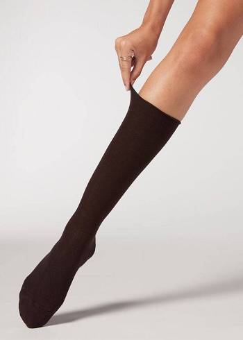 Calzedonia Smooth Pamuklu Mid Cut-Calf Long Çorap Kadın Kahve | TR1931PQ