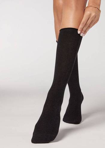 Calzedonia Smooth Pamuklu Mid Cut-Calf Long Çorap Kadın Gri | TR1933SO