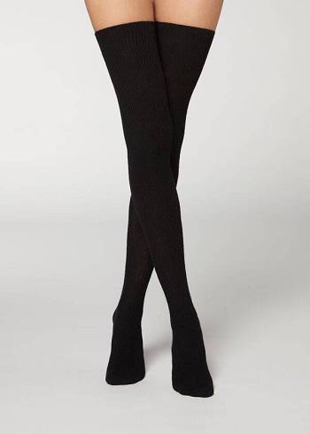 Calzedonia Thigh High Socks with Open Knit Yün Çorap Kadın Siyah | TR2921WY