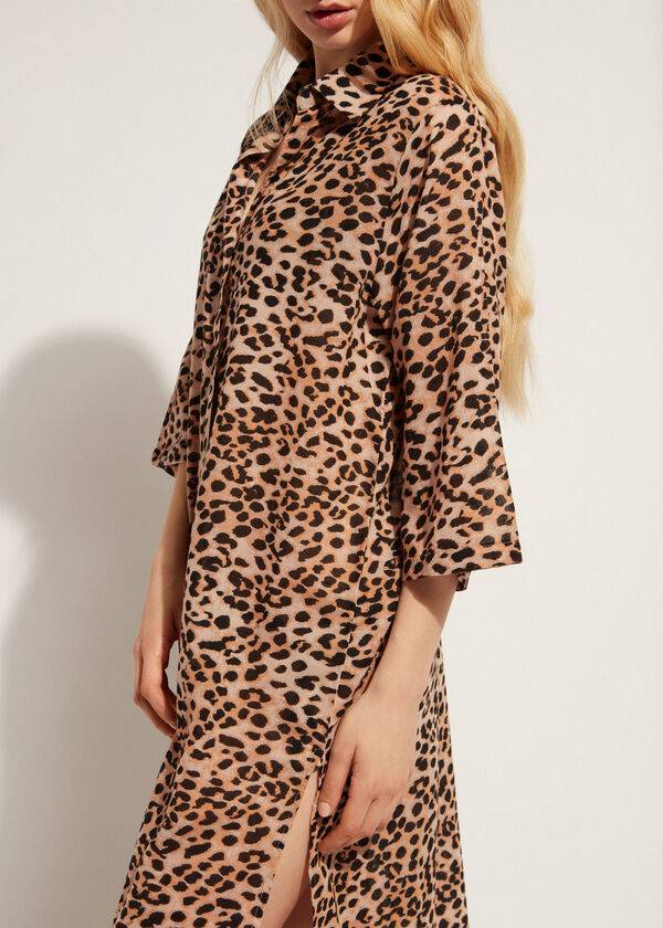 Calzedonia Animal Patterned Midi Shirt Cover Ups Kadın Kahverengi | TR2124XF