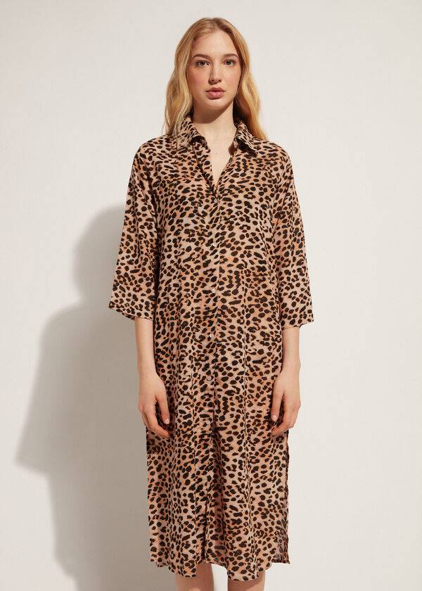 Calzedonia Animal Patterned Midi Shirt Cover Ups Kadın Kahverengi | TR2124XF