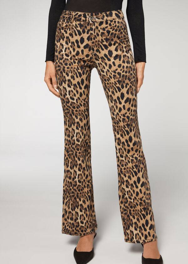 Calzedonia Animal Print Flared Kot Pantolon Kadın Kahverengi | TR1630XF