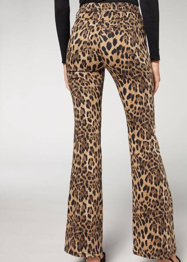 Calzedonia Animal Print Flared Pantolon Kadın Kahverengi | TR1478NB