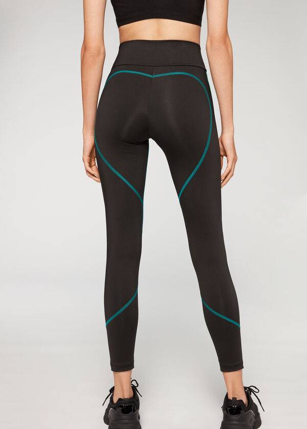 Calzedonia Contrast Seam Performance Atletik Tayt Kadın Siyah Yeşil | TR1555BC