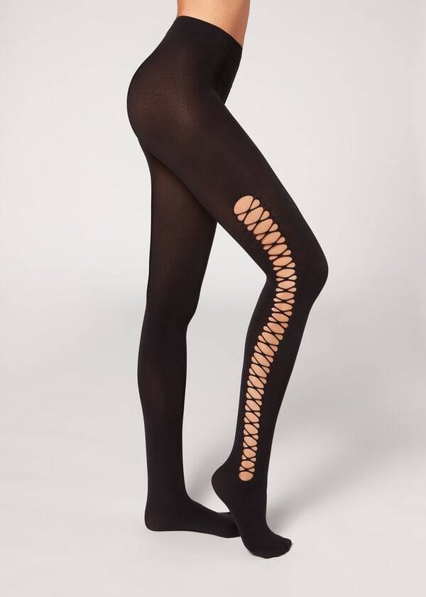 Calzedonia Crisscross Cut-Out Opaque 90 Denier Patterned Tayt Kadın Siyah | TR3101IS