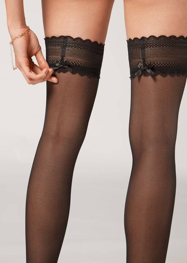 Calzedonia Crochet 40 Denier Sheer Thigh Highs Çorap Kadın Siyah | TR2929SO