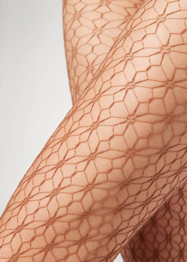 Calzedonia Geometric-Motif Fishnet Patterned Tayt Kadın Bej Rengi | TR3089ZG