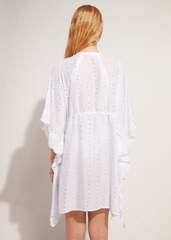 Calzedonia Kimono Caftan with Sangallo Dantel and Sequins Cover Ups Kadın Beyaz | TR2106EX