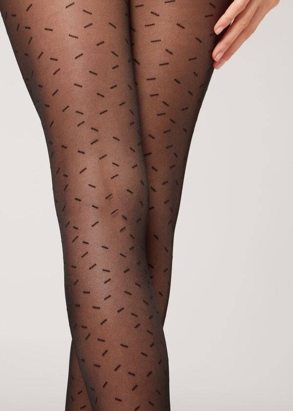 Calzedonia Sheer 30 Denier All-Over Dash Patterned Tayt Kadın Siyah | TR3064QZ