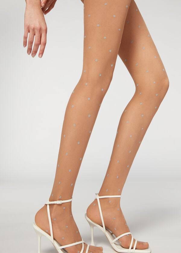 Calzedonia Sheer 30 Denier All-Over Polka-Dot Patterned Tayt Kadın Bej Rengi | TR3062EX