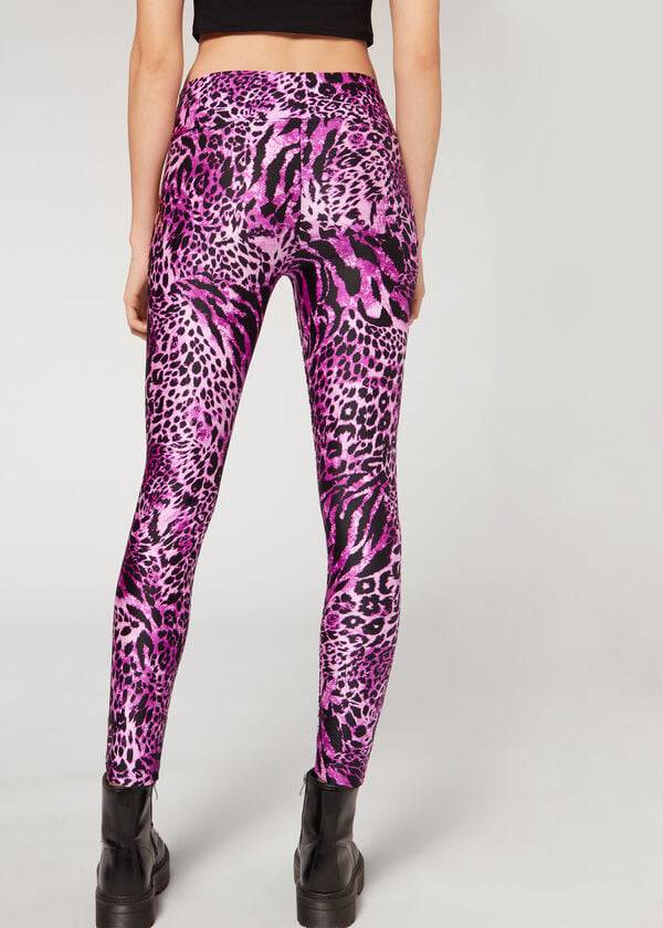 Calzedonia Shiny Animal-Print Atletik Tayt Kadın Pembe | TR1509RW