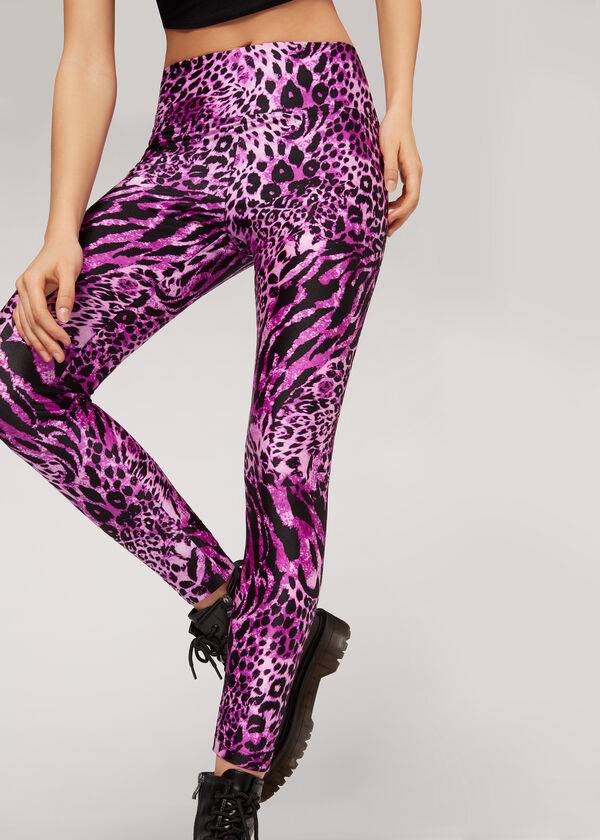 Calzedonia Shiny Animal-Print Atletik Tayt Kadın Pembe | TR1509RW