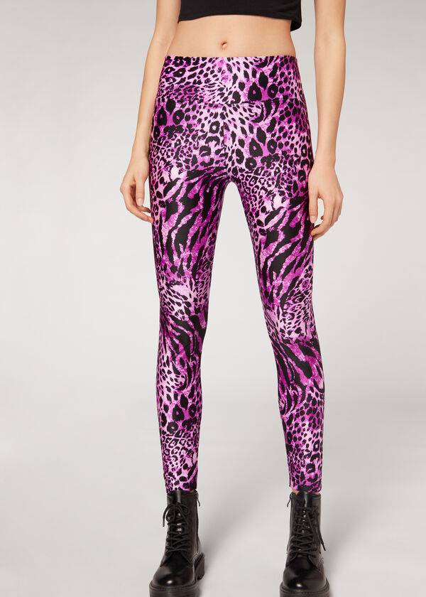 Calzedonia Shiny Animal-Print Atletik Tayt Kadın Pembe | TR1509RW