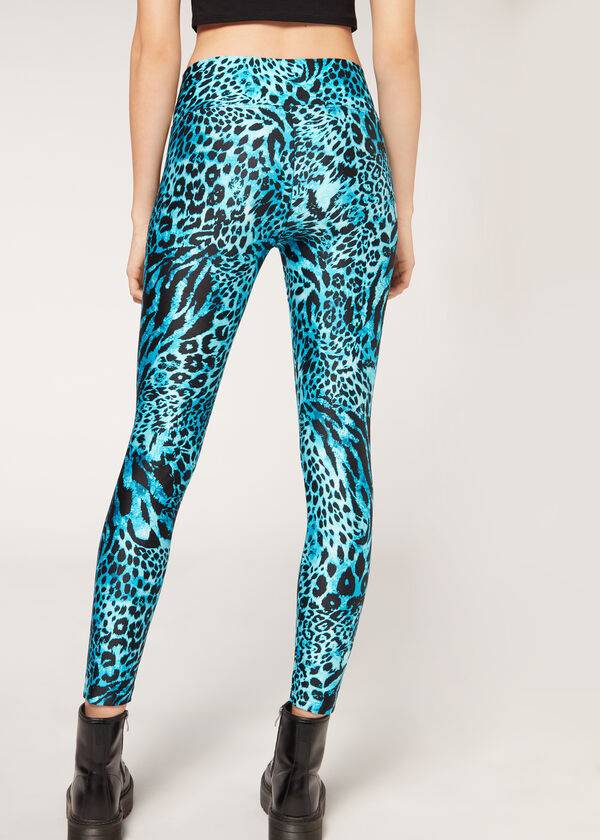 Calzedonia Shiny Animal-Print Atletik Tayt Kadın Turkuaz | TR1510TV