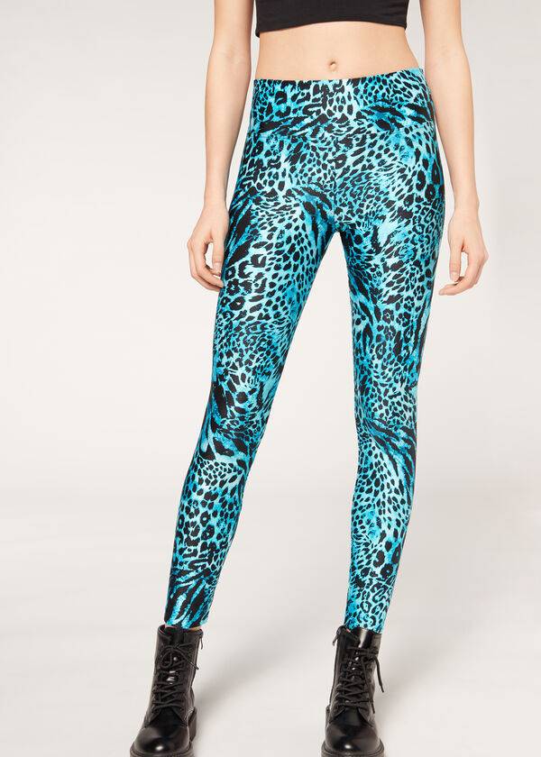 Calzedonia Shiny Animal-Print Atletik Tayt Kadın Turkuaz | TR1510TV