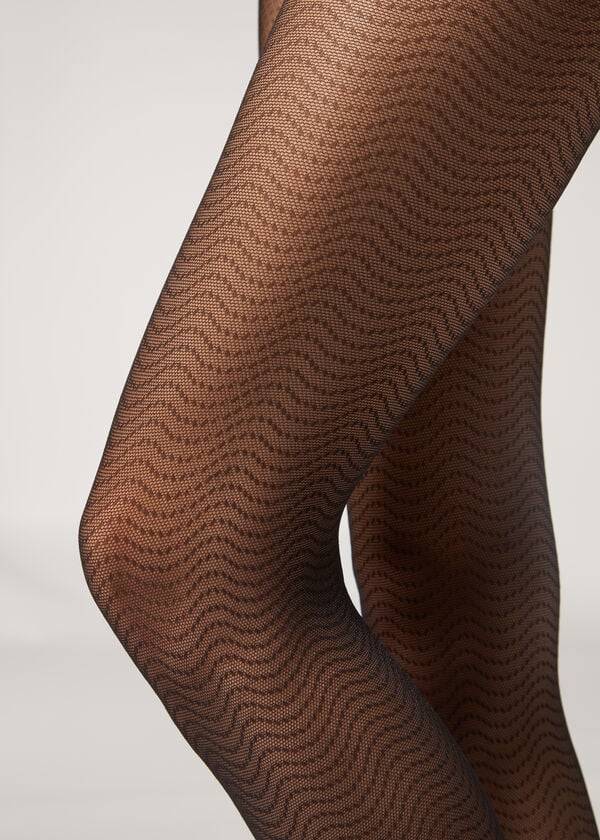 Calzedonia Wave-Motif Micronet Patterned Tayt Kadın Siyah | TR3058UT